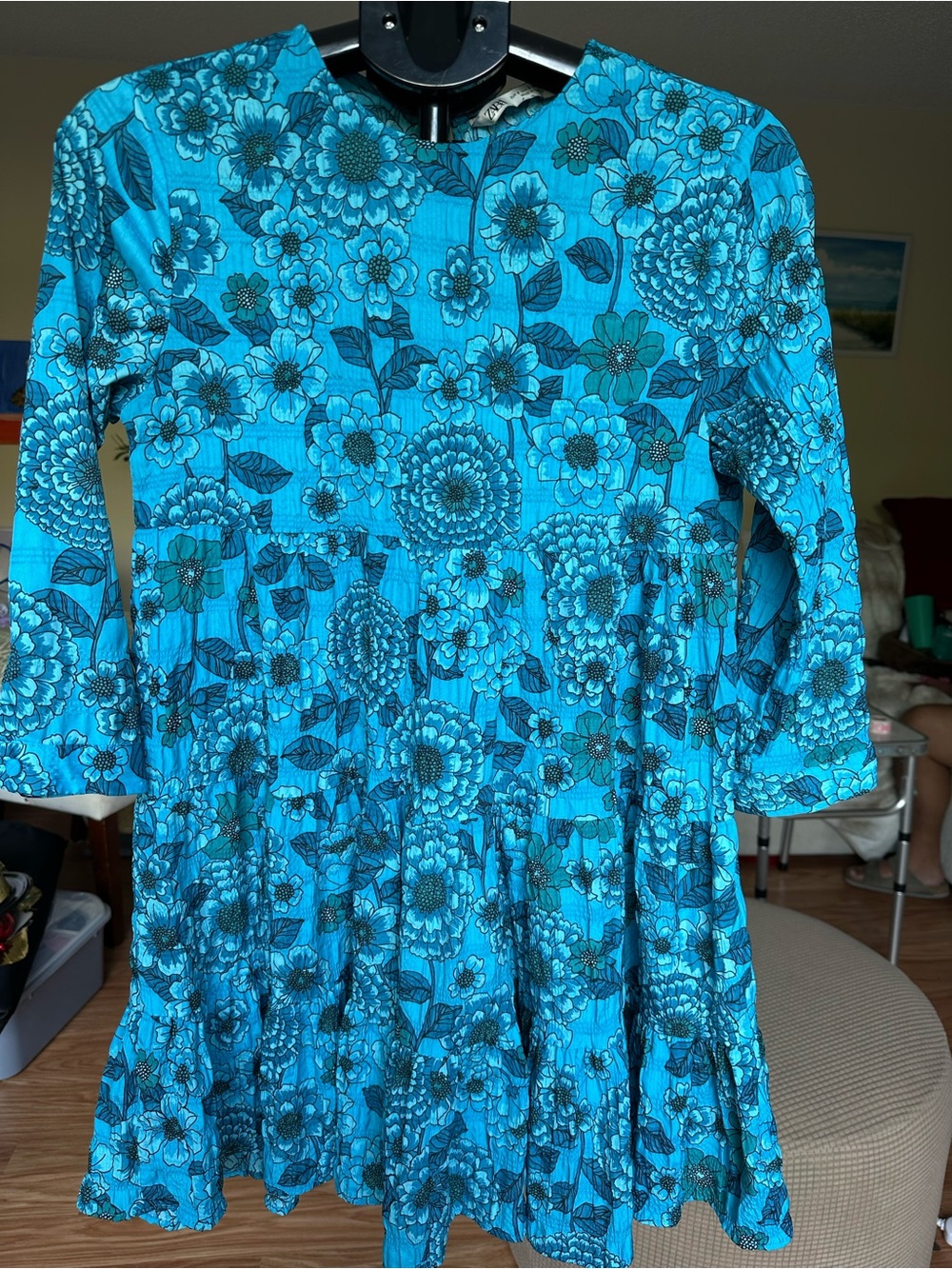 Zara Teal Blue Floral Tiered Dress